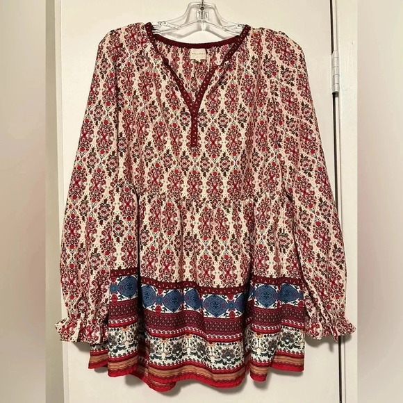 Melloday red long sleeve bohemian blouse size L - Picture 1 of 8